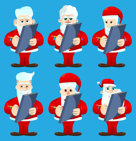 Santa Claus in his red clothes with white beard writing on a books cover. Vector cartoon character illustration.のイラスト素材