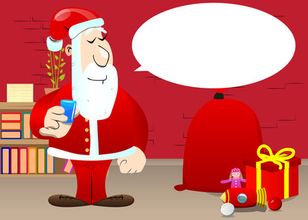 Santa Claus in his red clothes with white beard drinking brandy. Vector cartoon character illustration.のイラスト素材