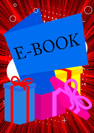 Opened gift box with white paper and E-book text. Christmas, New Year or Birthday present.のイラスト素材