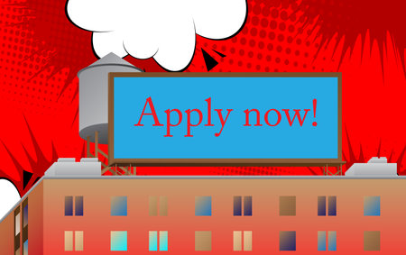 Apply now text on a billboard sign atop a building. Outdoor advertising in the city. Large banner on roof top of an architecture. Jobs, job working recruitment employees business concept.のイラスト素材