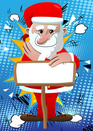 Santa Claus in his red clothes with white beard with blank paper on wood board, sign. Vector cartoon character illustration.のイラスト素材