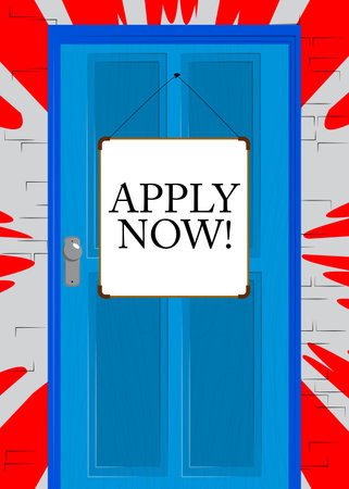 Apply now text on small sign board. Store, Shop, residence front door with poster. Jobs, job working recruitment employees business concept.のイラスト素材