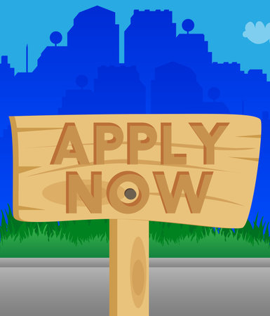 Apply now text on Wooden sign. Cartoon vector illustration. Jobs, job working recruitment employees business concept.のイラスト素材