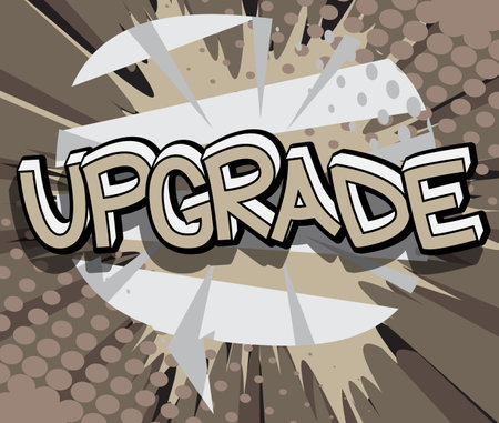 Upgrade. Comic book word text on abstract comics background. Retro pop art style illustration.のイラスト素材