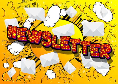 Sending newsletter on internet. Business marketing campaign. Comic book word text on abstract comics background. Retro pop art style illustration.のイラスト素材
