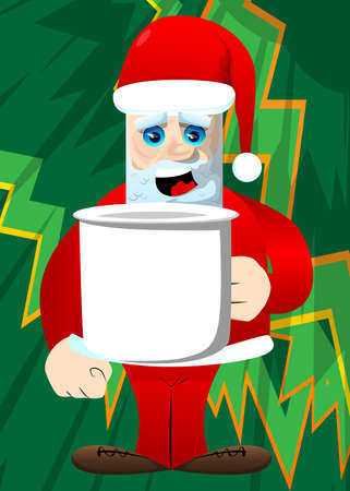 Santa Claus in his red clothes with white beard holding big mug. Vector cartoon character illustration.のイラスト素材