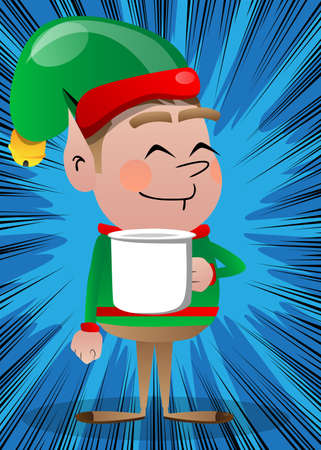 Christmas Elf holding big mug. Vector cartoon character illustration of Santa Claus's little worker, helper.のイラスト素材
