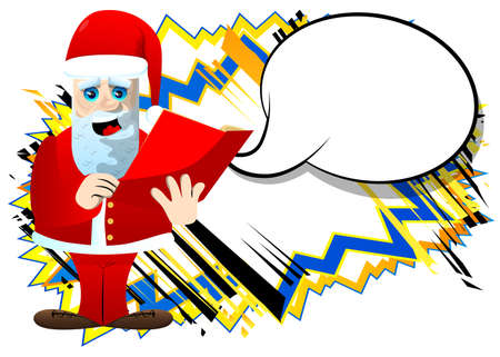Santa Claus in his red clothes with white beard reading a red book. Vector cartoon character illustration.のイラスト素材