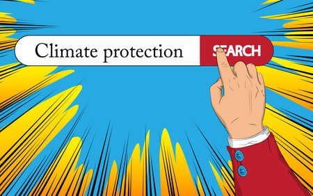 Virtual search bar with the text Climate protection. Businessman pushing his right hand index finger to touch a search icon.のイラスト素材