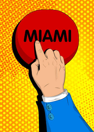 Businessman pushing Miami button with his index finger. Comic book style concept.のイラスト素材