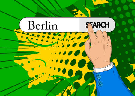 Virtual search bar with the text Berlin. Businessman pushing his right hand index finger to touch a search icon.のイラスト素材