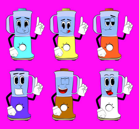 Food Blender making a point as a cartoon character with face. Electric kitchen equipment for food processing.のイラスト素材
