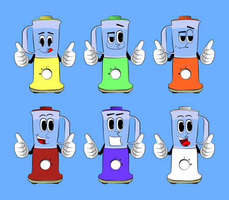 Food Blender making thumbs up sign with two hands as a cartoon character with face. Electric kitchen equipment for food processing.のイラスト素材