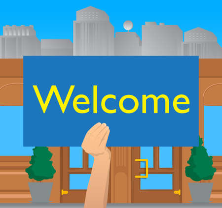 Hand holding Welcome paper text. Showing billboard. Colorful vector illustration.のイラスト素材