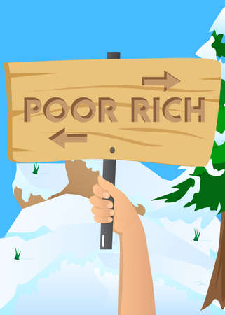 Hand holding banner with Poor or Rich words with arrows on paper. Man showing billboard. Poverty, finances, financial success, successful business concept.のイラスト素材
