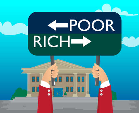 Hand holding banner with Poor or Rich words with arrows on paper. Man showing billboard. Poverty, finances, financial success, successful business concept.のイラスト素材