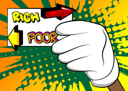 Hand holding banner with Poor or Rich words with arrows on paper. Man showing billboard. Poverty,...