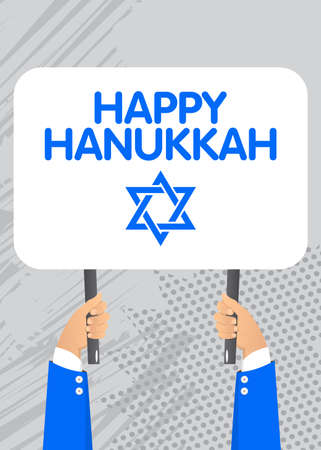 Hand holding banner with Happy Hanukkah text. Man showing billboard, sign. Holiday, celebration advertisement, announcement message.のイラスト素材