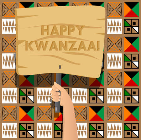 Hand holding banner with Happy Kwanzaa! text. Man showing billboard. Holiday, Celebration sign.のイラスト素材