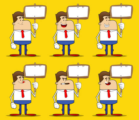 Simple retro cartoon of a businessman holding blank sign. Professional finance employee white wearing shirt with red tie.のイラスト素材