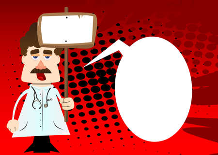 Funny cartoon doctor holding blank sign. Vector illustration.のイラスト素材