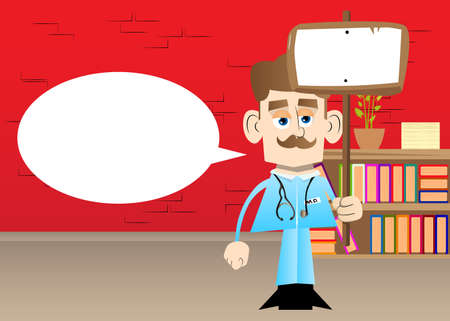 Funny cartoon doctor holding blank sign. Vector illustration.のイラスト素材