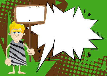 Cartoon prehistoric man holding blank sign. Vector illustration of a man from the stone age.のイラスト素材