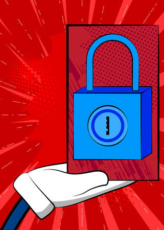 Hand holding banner with Padlock icon. Man showing billboard. Security, Safety concept.のイラスト素材