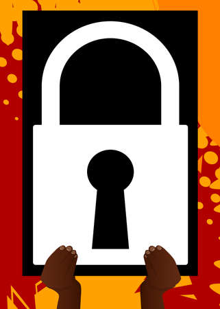 Hand holding banner with Padlock icon. Man showing billboard. Security, Safety concept.のイラスト素材