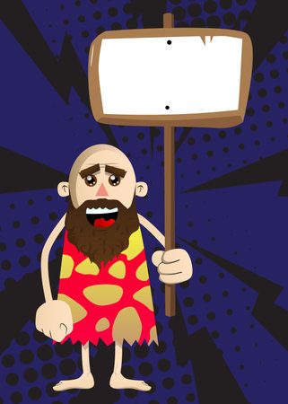 Cartoon prehistoric man holding blank sign. Vector illustration of a man from the stone age.のイラスト素材