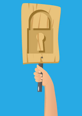 Hand holding banner with Padlock icon. Man showing billboard. Security, Safety concept.のイラスト素材