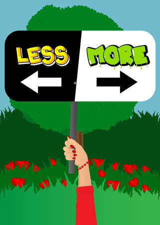 Hand holding banner with More and Less text with arrow. Man showing billboard.のイラスト素材
