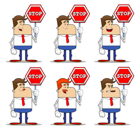Simple retro cartoon of a businessman holding a stop sign. Professional finance employee white wearing shirt with red tie.のイラスト素材