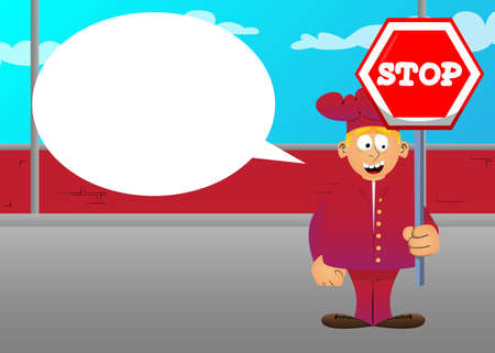 Fat male cartoon chef in uniform holding a stop sign. Vector illustration.のイラスト素材