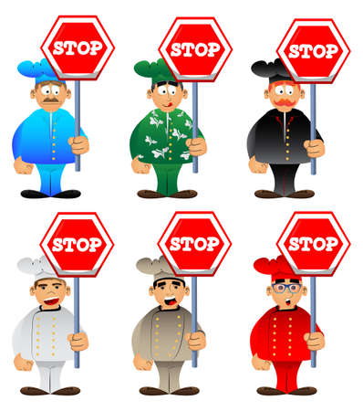 Fat male cartoon chef in uniform holding a stop sign. Vector illustration.のイラスト素材