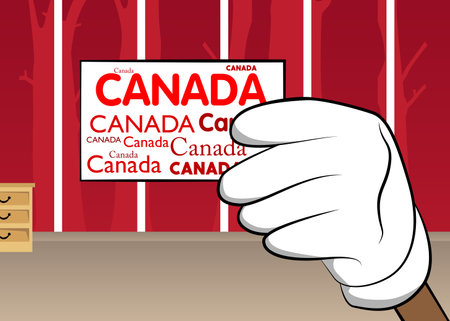 Hand holding banner with Canada text. Arms raised showing billboard. Commercial, Educational Sign.のイラスト素材