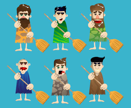 Cartoon prehistoric man holding a broom. Vector illustration of a man from the stone age.のイラスト素材
