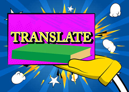 Hand holding banner with Translate text. Man showing billboard. Translation, translator, learning foreign language concept.のイラスト素材