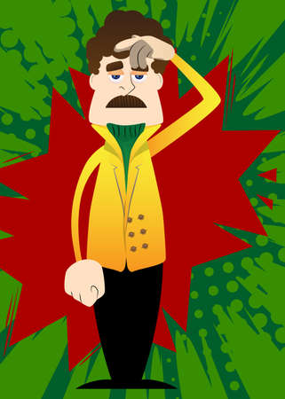 Funny cartoon man dressed for winter confused, scratching his head. Vector illustration.のイラスト素材