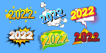 2022. Comic book text on abstract comics background. Retro pop art style illustration. Future business career, New Year goals, goal concept.のイラスト素材