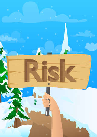 Hand holding up a banner with Risk text. Showing billboard banner, sign.のイラスト素材