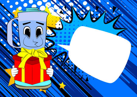 Food Blender holding big gift box as a cartoon character with face. Electric kitchen equipment for food processing.のイラスト素材