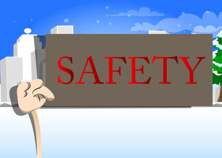 Hand holding up a banner with Safety text. Showing billboard banner, sign.のイラスト素材