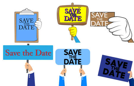Hand holding up a banner with Save the date text. Showing billboard banner, sign. Invitation message, business information.のイラスト素材