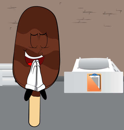 Ice Cream with praying hands. Summer refreshment, sweet food as a cartoon character with face.のイラスト素材