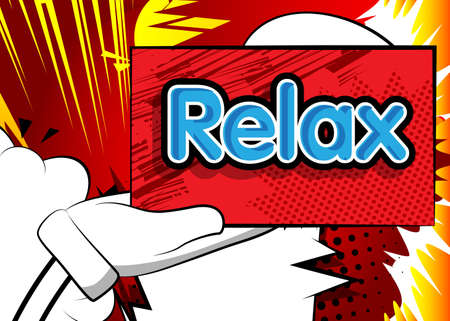 Hand holding up a banner with Relax text. Showing billboard banner, sign.のイラスト素材