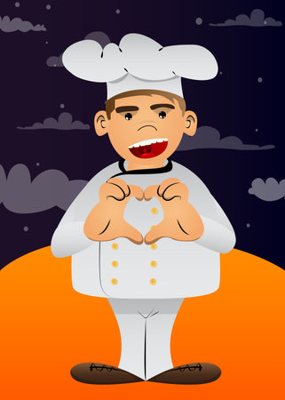 Fat male cartoon chef in uniform with heart shape hand gesture. Vector illustration.のイラスト素材