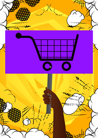 Hand holding up a banner with shopping cart as E-commerce icon, Shopping symbol. Showing billboard banner, sign.のイラスト素材