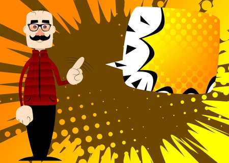 Funny cartoon man dressed for winter saying no with his finger. Vector illustration.のイラスト素材