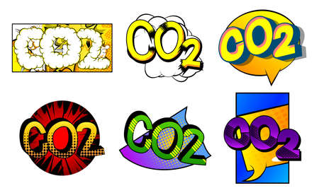 CO2. Comic book word text on abstract comics background. Retro pop art style illustration. CO2 emissions emission Carbon dioxide air pollution reduction zone concept.のイラスト素材